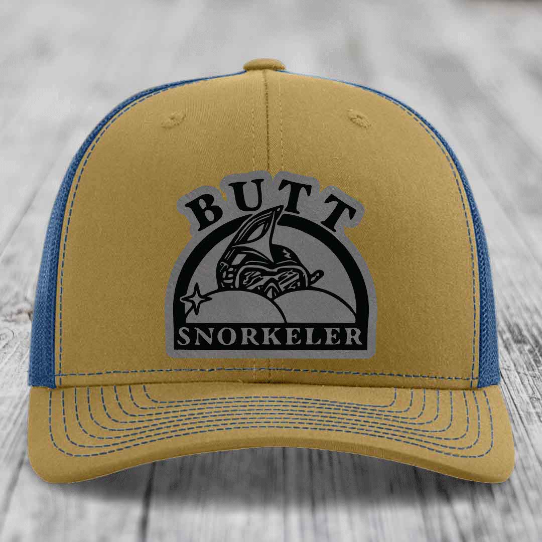 Tan and blue trucker hat with &