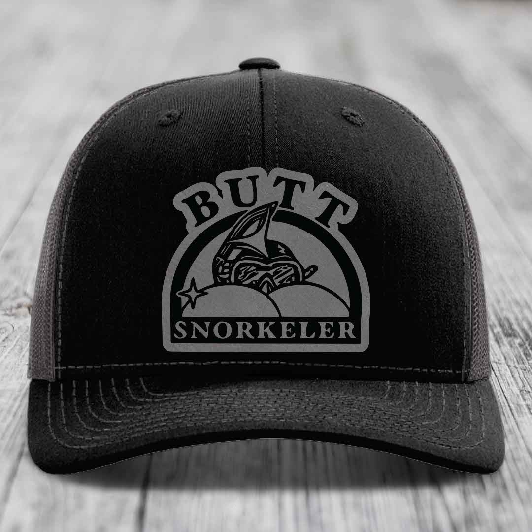Butt Snorkeler - Leather Patch Hat - Grey to Black Patch - Richardson 112 Snapback Trucker Hat