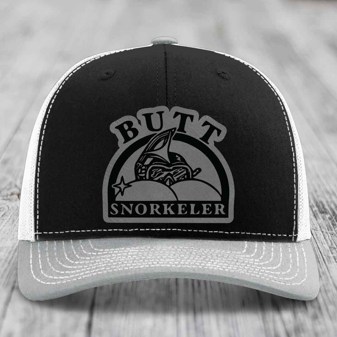 Butt Snorkeler - Leather Patch Hat - Grey to Black Patch - Richardson 112 Snapback Trucker Hat