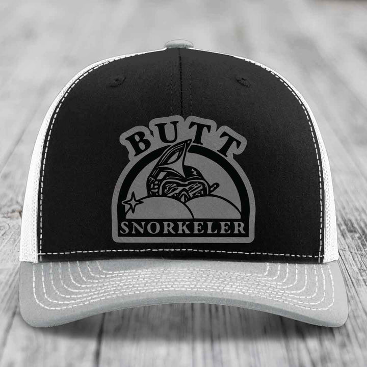 Butt Snorkeler - Leather Patch Hat - Grey to Black Patch - Richardson 112 Snapback Trucker Hat