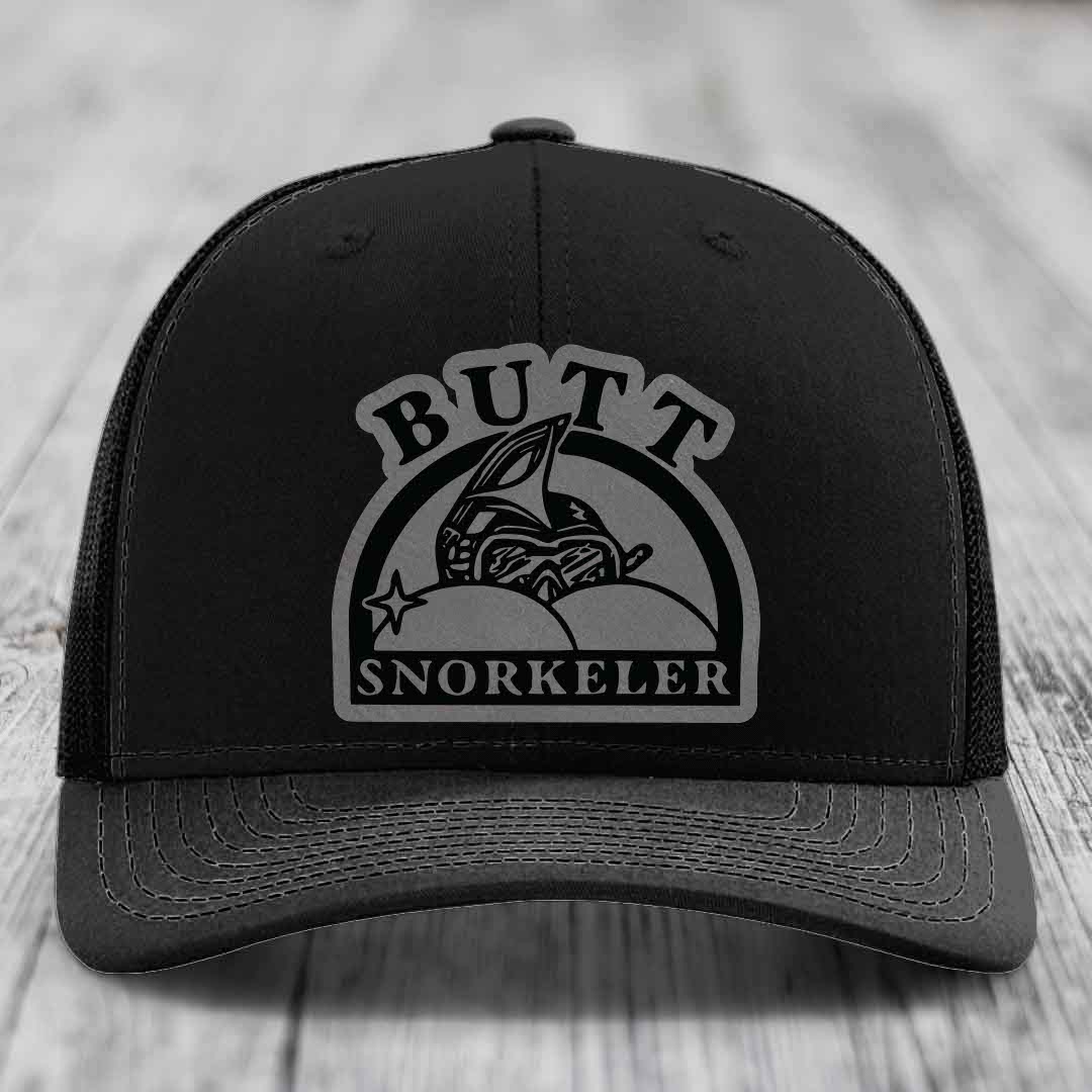 Butt Snorkeler - Leather Patch Hat - Grey to Black Patch - Richardson 112 Snapback Trucker Hat