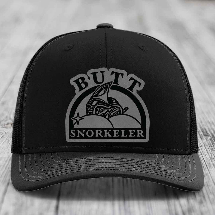 Butt Snorkeler - Leather Patch Hat - Grey to Black Patch - Richardson 112 Snapback Trucker Hat