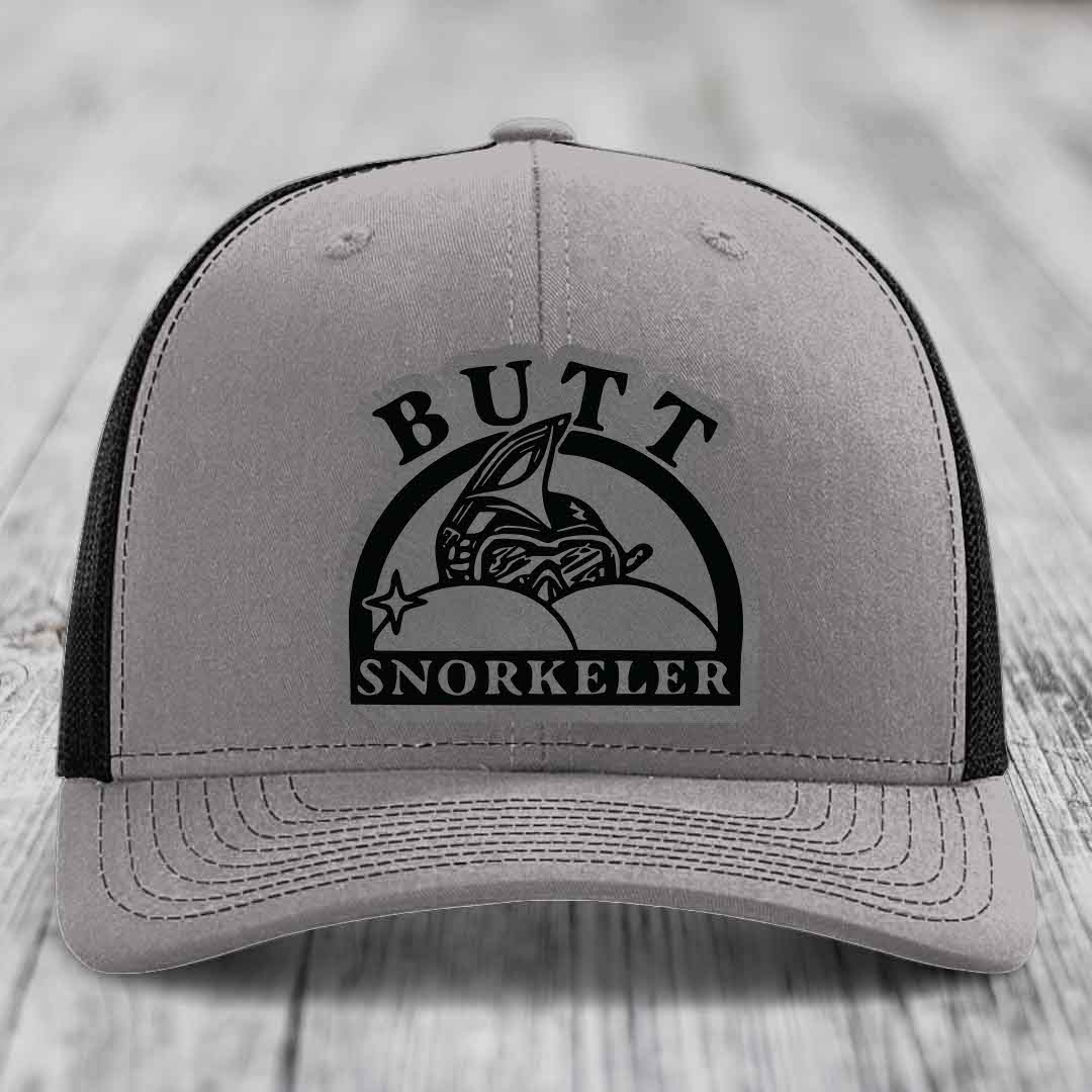 Grey trucker hat with black mesh back and embroidered &