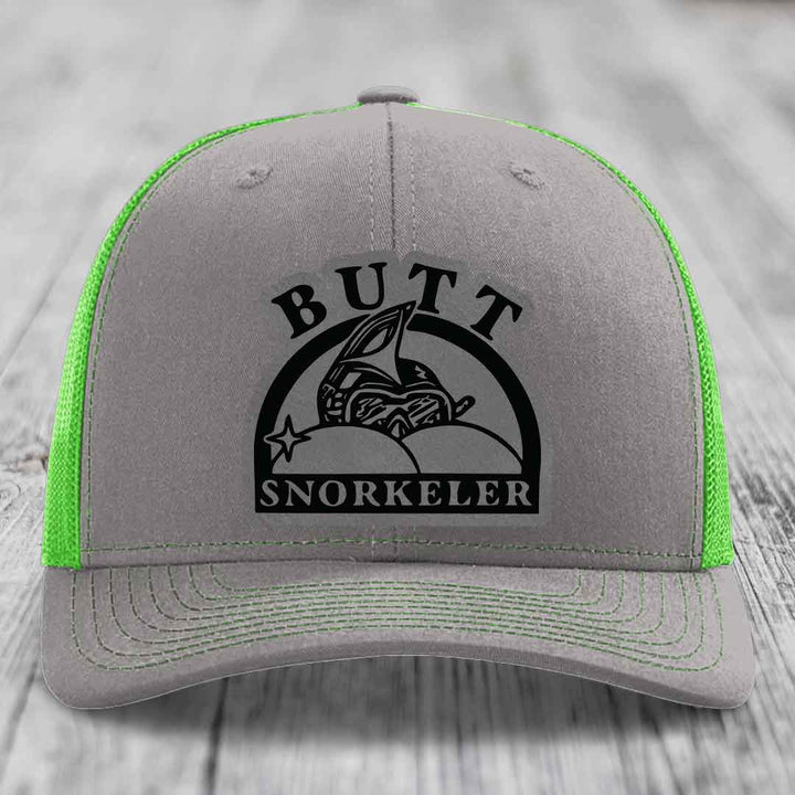 Grey trucker hat with neon green mesh and black &