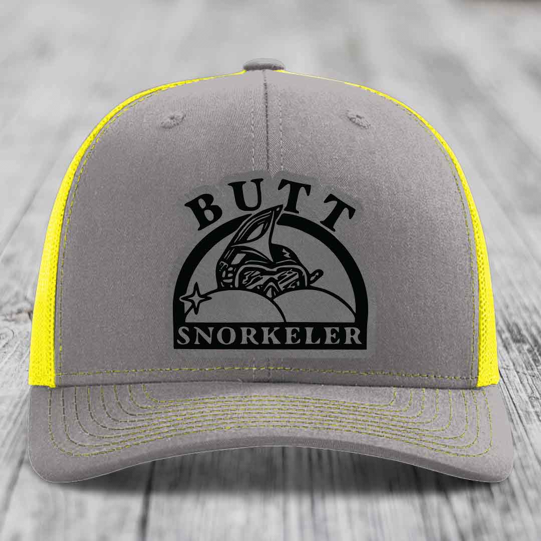 Butt Snorkeler - Leather Patch Hat - Grey to Black Patch - Richardson 112 Snapback Trucker Hat