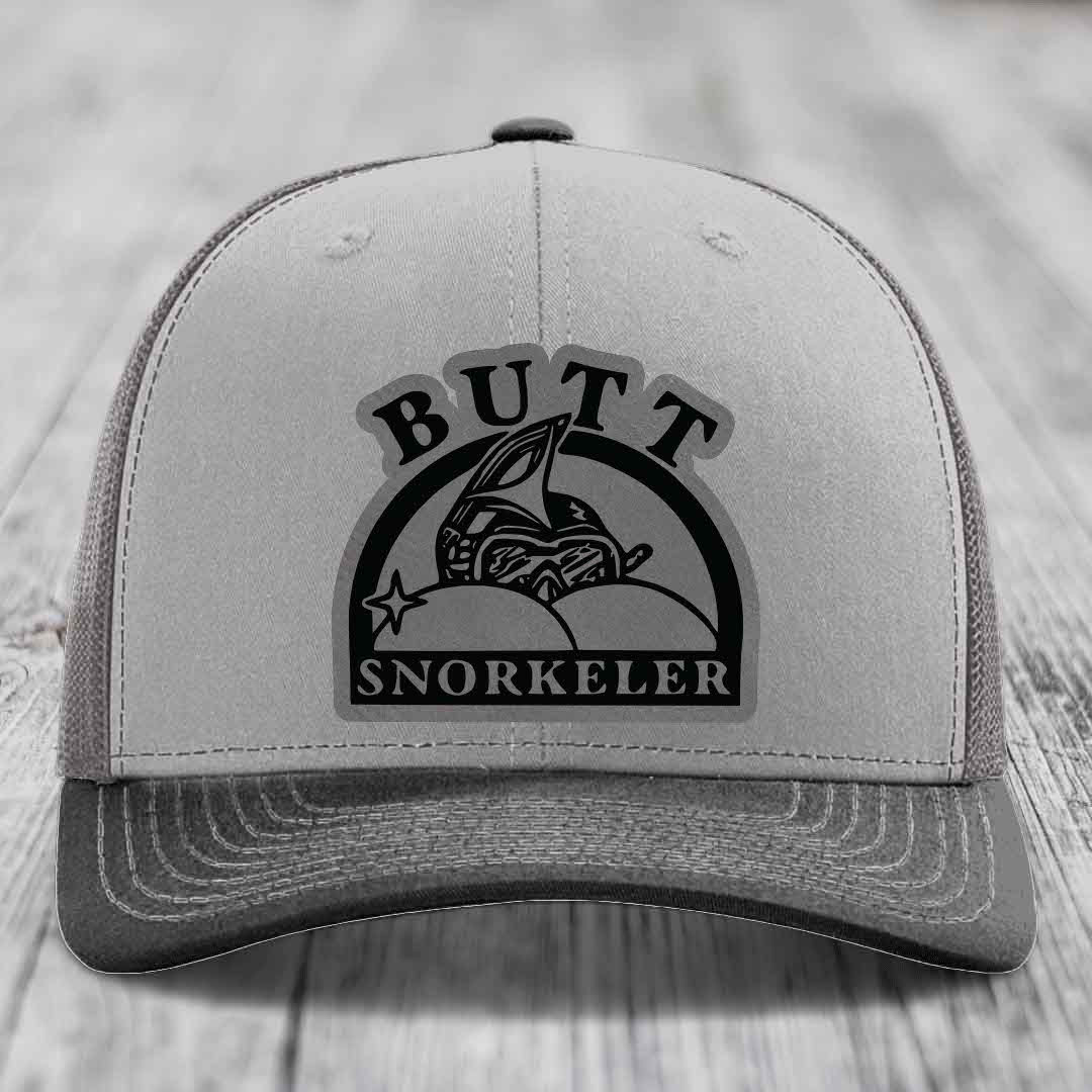 Butt Snorkeler - Leather Patch Hat - Grey to Black Patch - Richardson 112 Snapback Trucker Hat
