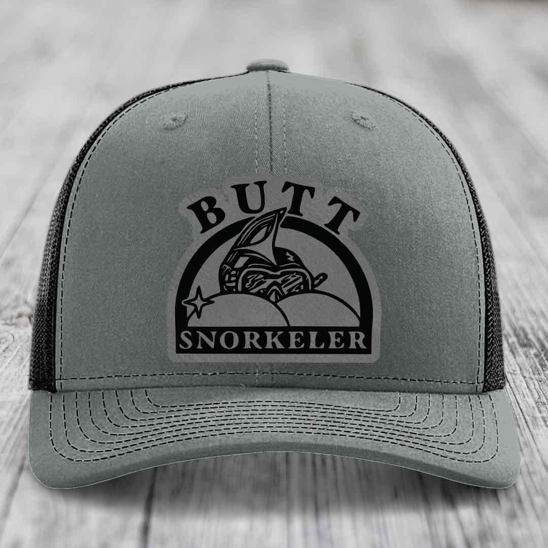 Butt Snorkeler - Leather Patch Hat - Grey to Black Patch - Richardson 112 Snapback Trucker Hat
