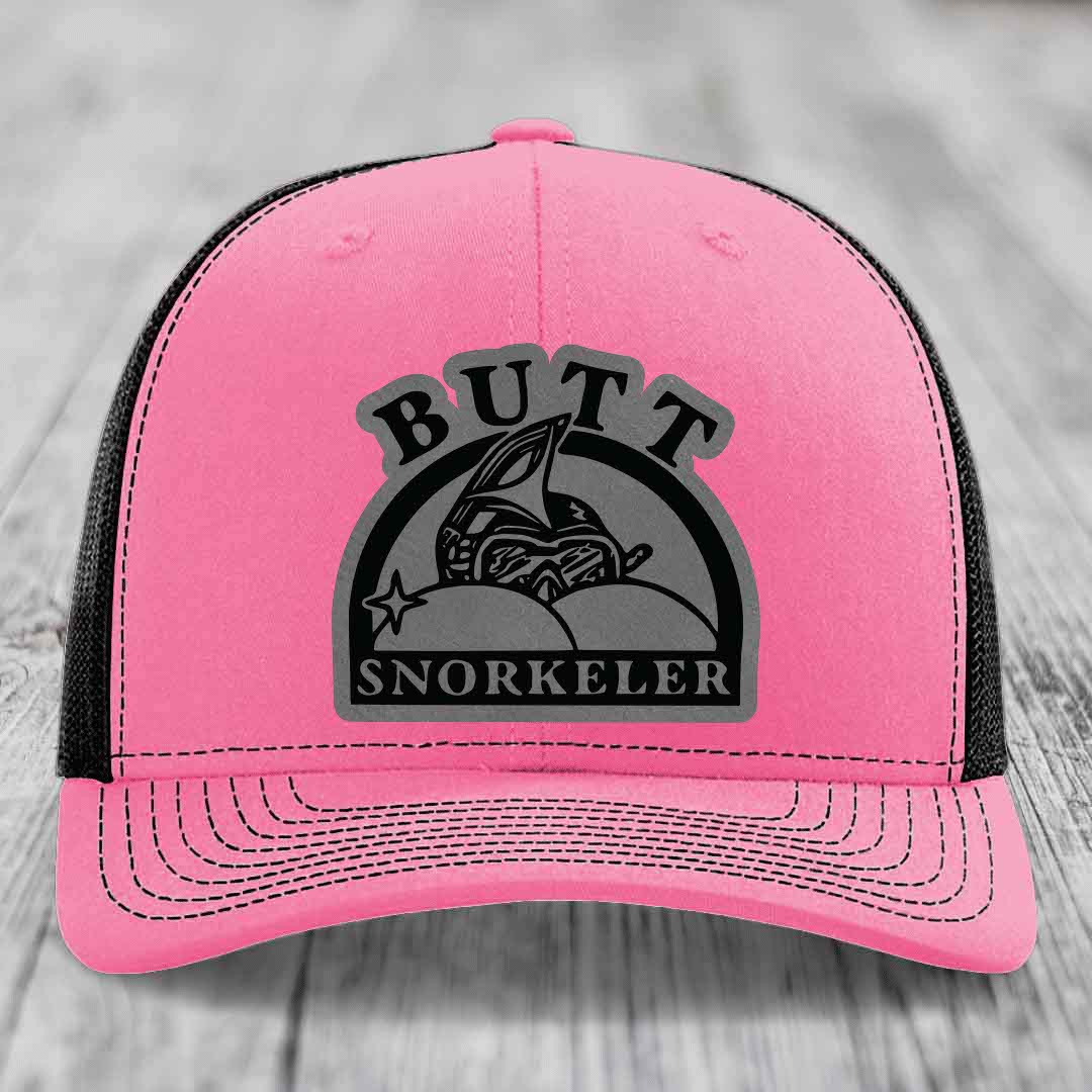 Pink trucker hat with black mesh back and gray &