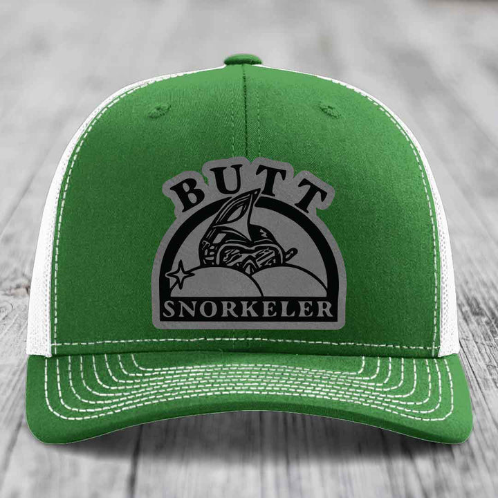Green trucker hat with white mesh back and gray &