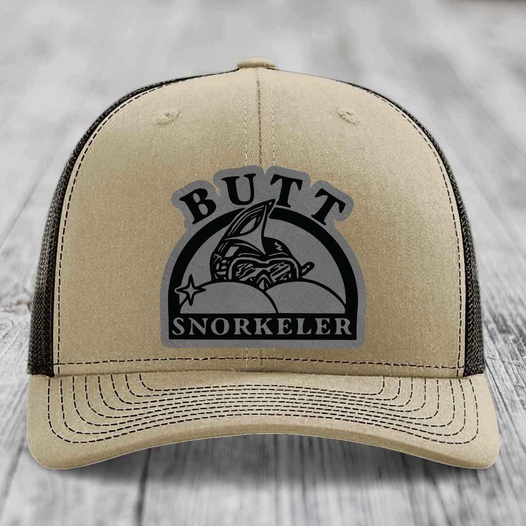 Beige trucker hat with black mesh back and gray &