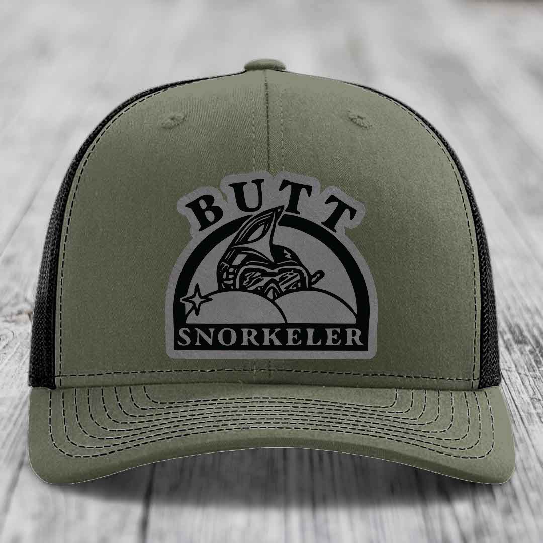 Butt Snorkeler - Leather Patch Hat - Grey to Black Patch - Richardson 112 Snapback Trucker Hat