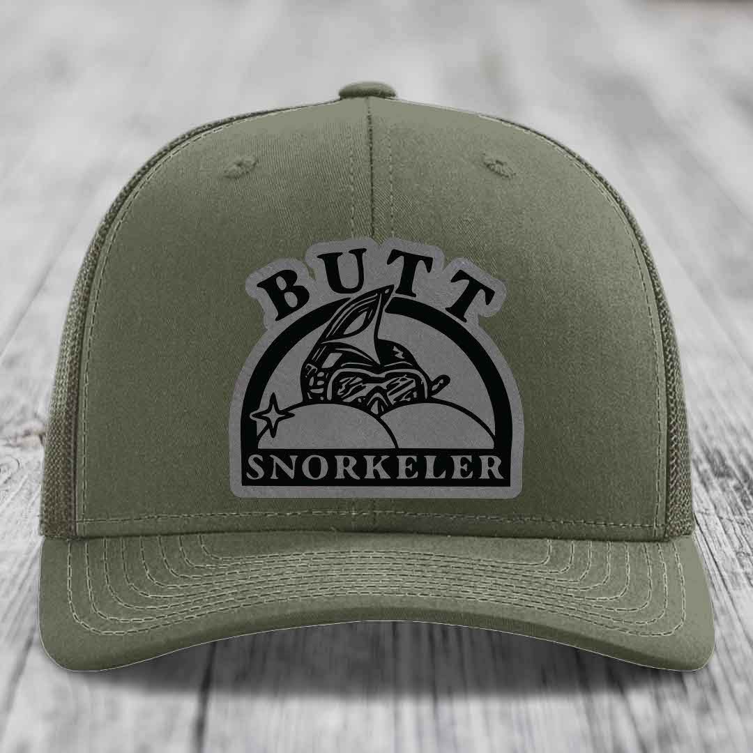 Olive green trucker hat with a black and grey &