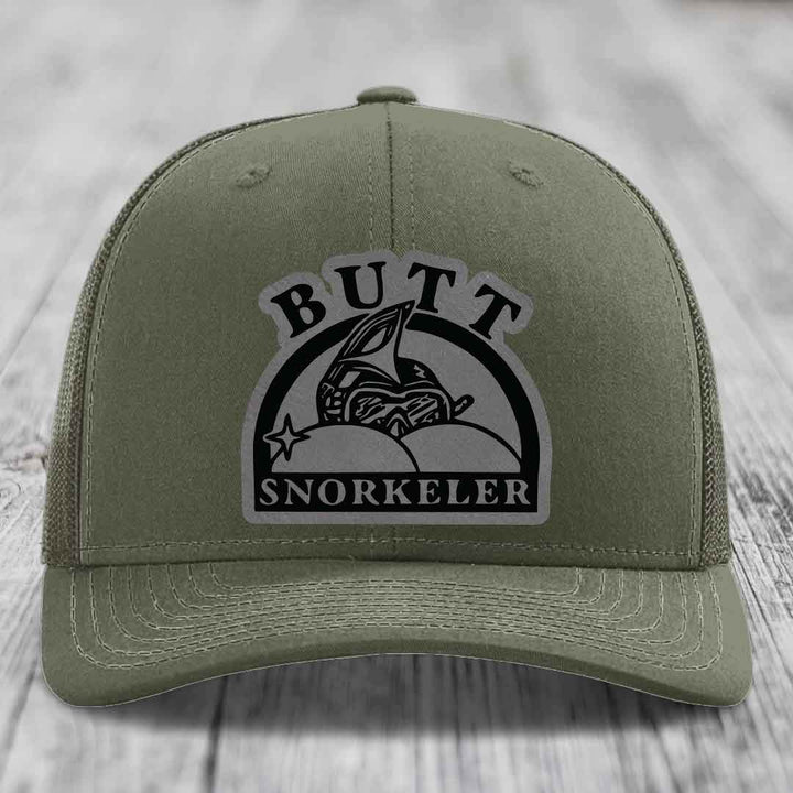 Olive green trucker hat with a black and grey &