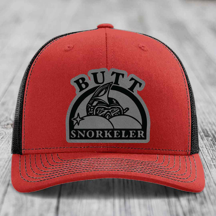 Red trucker hat with black mesh back and gray &