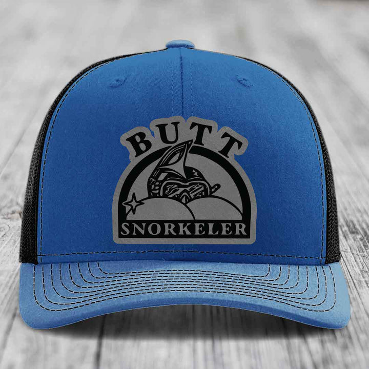 Blue trucker hat with gray and black &