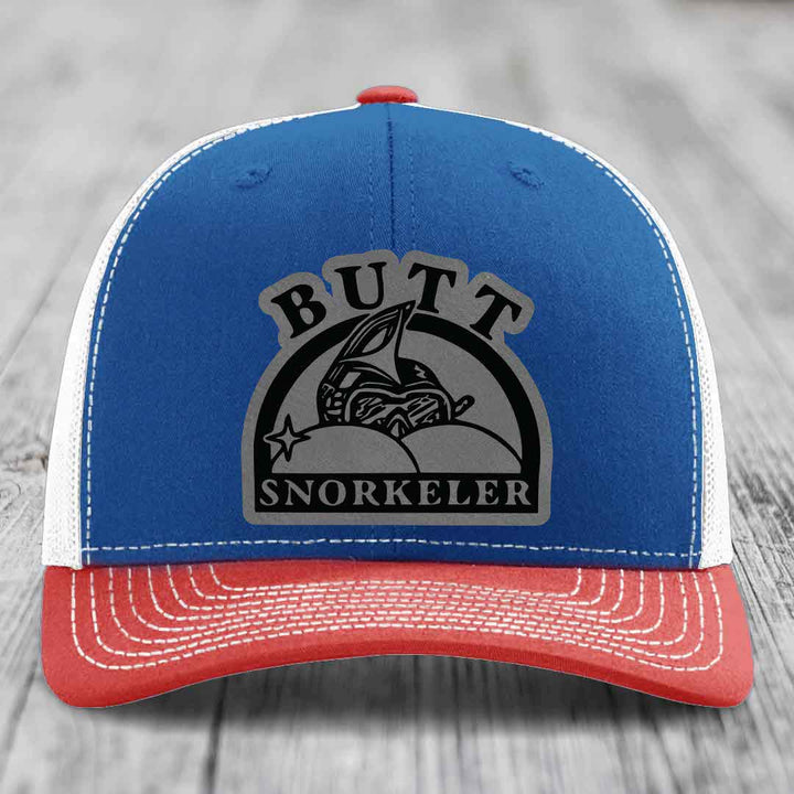 Blue and red trucker hat with &