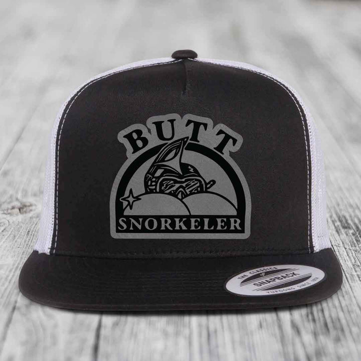 Butt Snorkeler - Leather Patch Hat - Grey to Black Patch - Yupoong 6006 Snapback Flatbill Hat