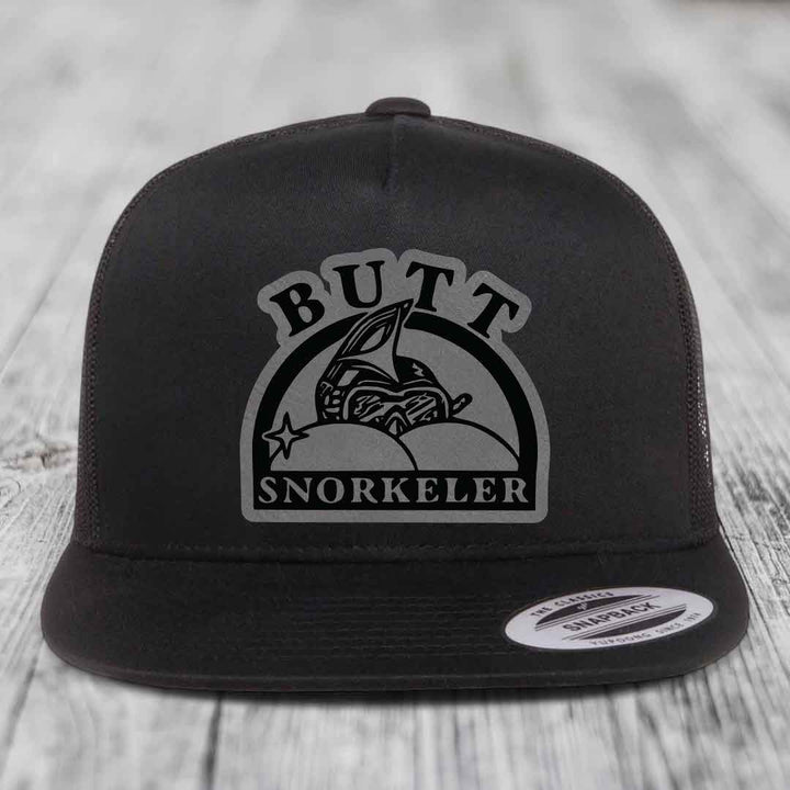 Butt Snorkeler - Leather Patch Hat - Grey to Black Patch - Yupoong 6006 Snapback Flatbill Hat