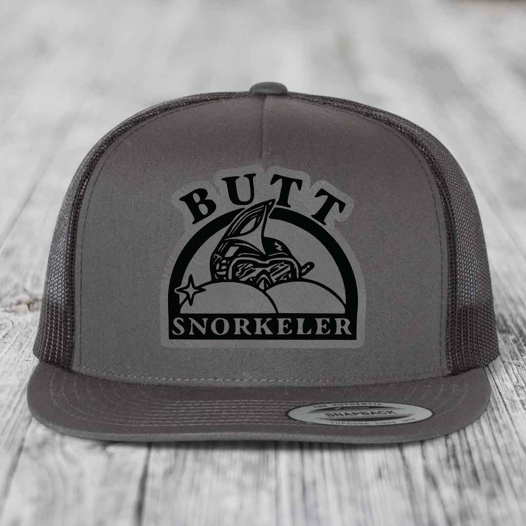 Butt Snorkeler - Leather Patch Hat - Grey to Black Patch - Yupoong 6006 Snapback Flatbill Hat