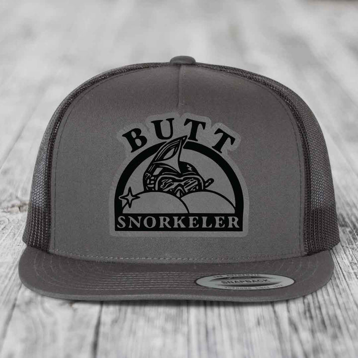 Butt Snorkeler - Leather Patch Hat - Grey to Black Patch - Yupoong 6006 Snapback Flatbill Hat