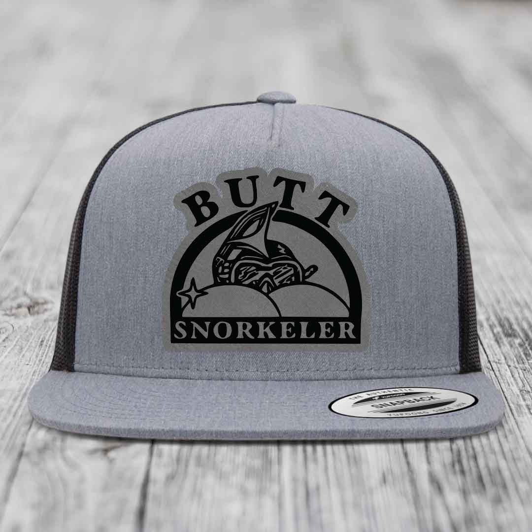 Butt Snorkeler - Leather Patch Hat - Grey to Black Patch - Yupoong 6006 Snapback Flatbill Hat