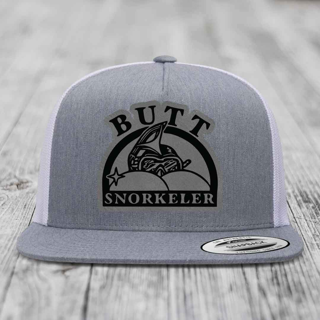 Butt Snorkeler - Leather Patch Hat - Grey to Black Patch - Yupoong 6006 Snapback Flatbill Hat