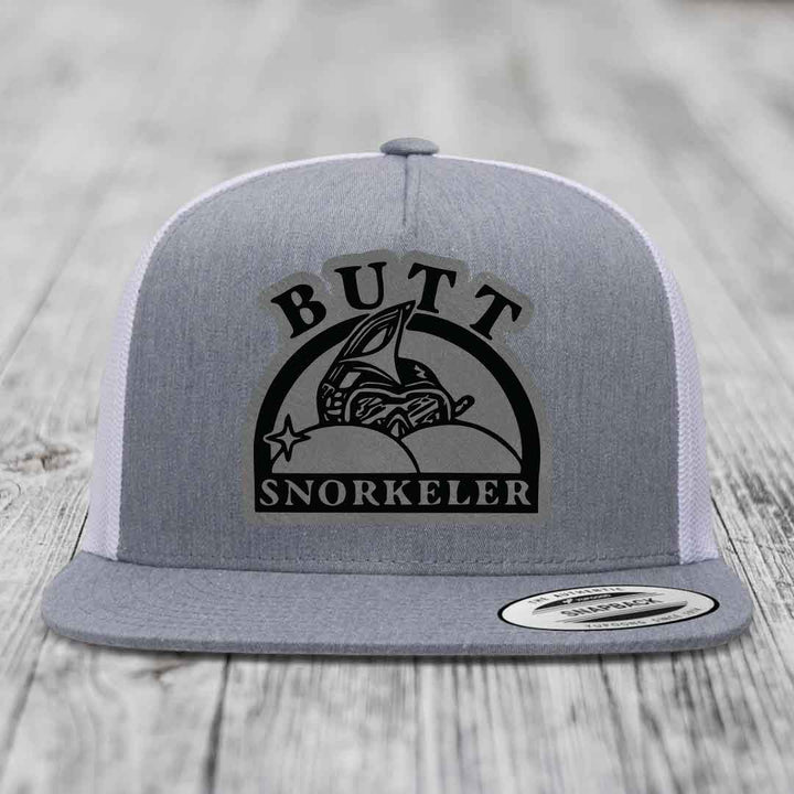 Butt Snorkeler - Leather Patch Hat - Grey to Black Patch - Yupoong 6006 Snapback Flatbill Hat