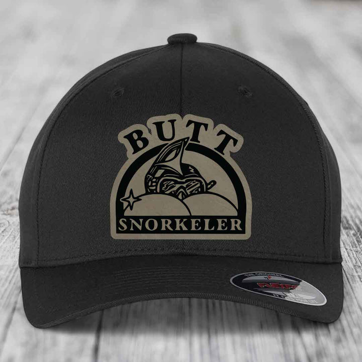 Butt Snorkeler - Leather Patch Hat - Light Brown to Black Patch - Flexfit 6277 Fitted Hat