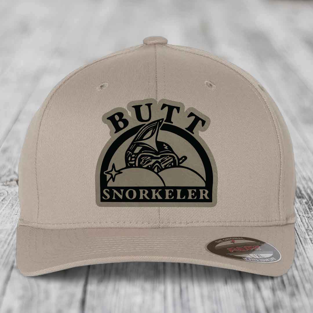Butt Snorkeler - Leather Patch Hat - Light Brown to Black Patch - Flexfit 6277 Fitted Hat
