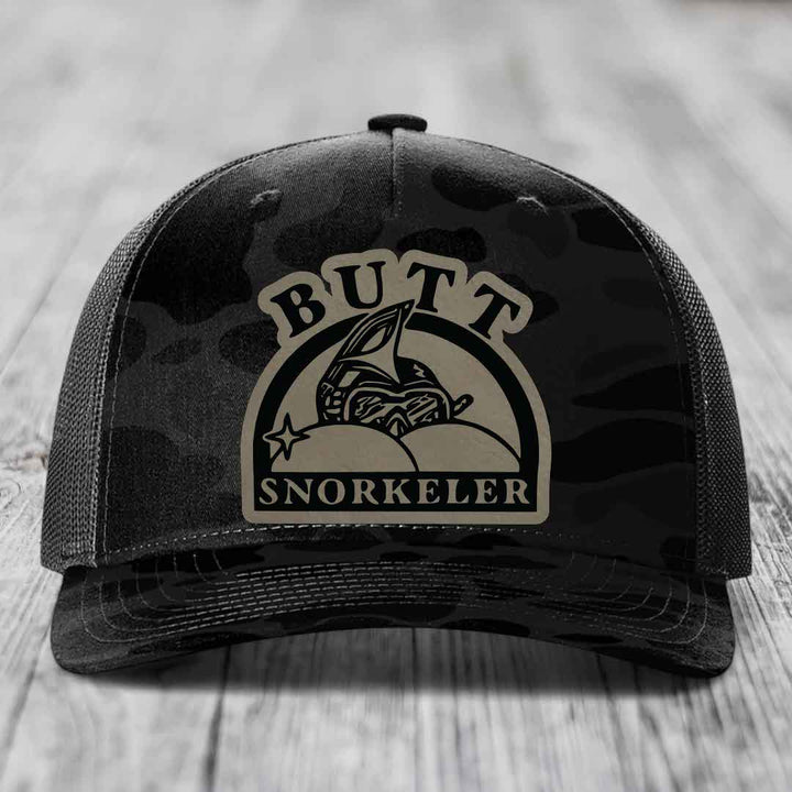 Black camouflage trucker hat with &