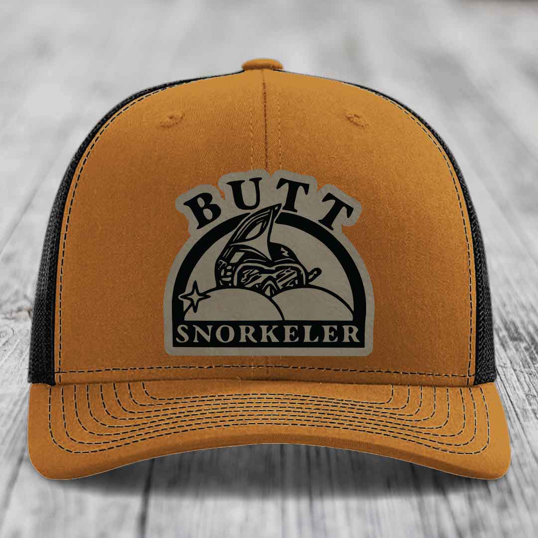 Butt Snorkeler - Leather Patch Hat - Light Brown to Black Patch - Richardson 112 Snapback Trucker Hat