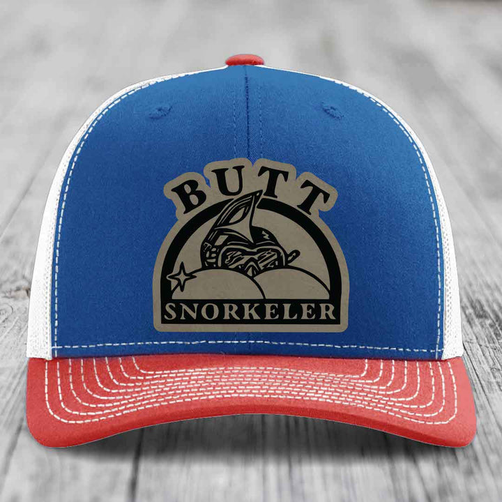 Blue and red trucker hat with &