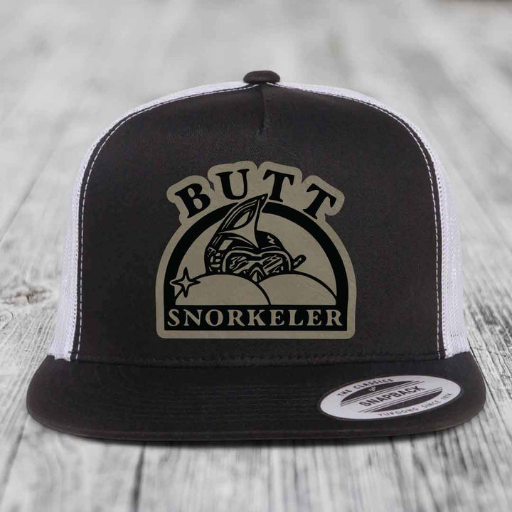 Butt Snorkeler - Leather Patch Hat - Light Brown to Black Patch - Yupoong 6006 Snapback Flatbill Hat