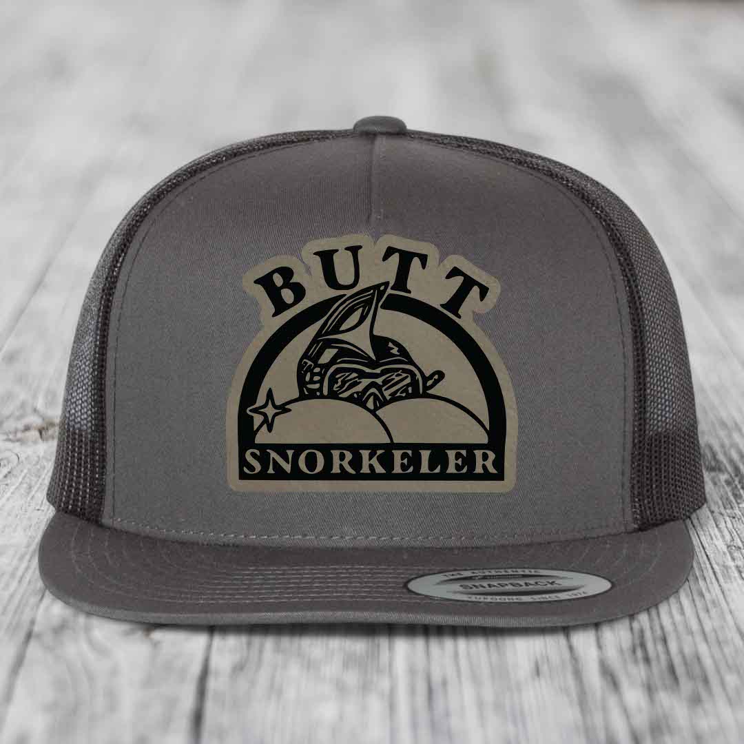 Butt Snorkeler - Leather Patch Hat - Light Brown to Black Patch - Yupoong 6006 Snapback Flatbill Hat