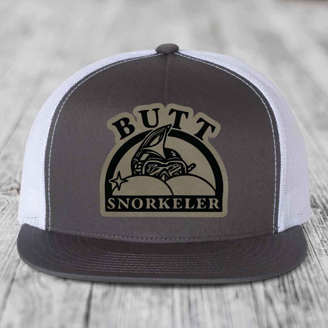 Butt Snorkeler - Leather Patch Hat - Light Brown to Black Patch - Yupoong 6006 Snapback Flatbill Hat