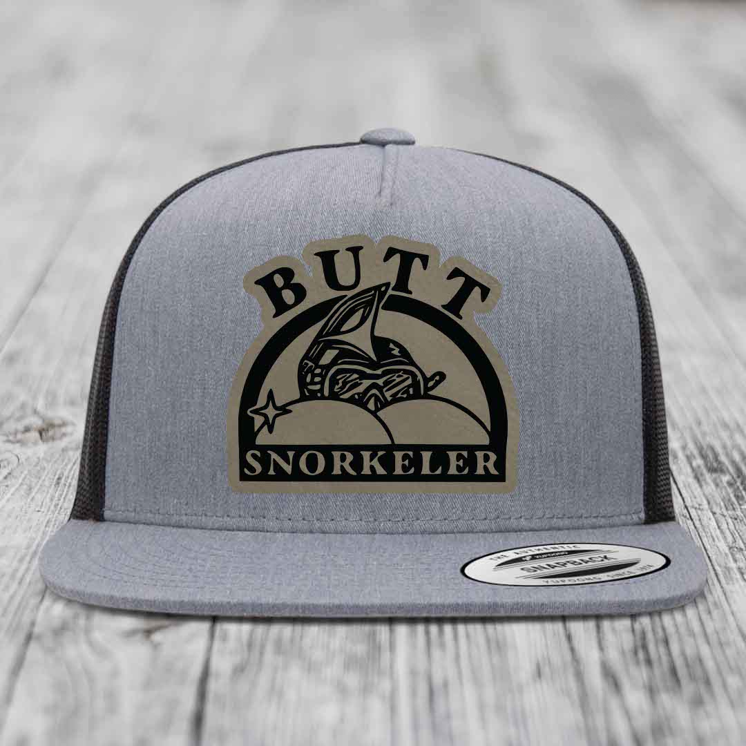 Butt Snorkeler - Leather Patch Hat - Light Brown to Black Patch - Yupoong 6006 Snapback Flatbill Hat
