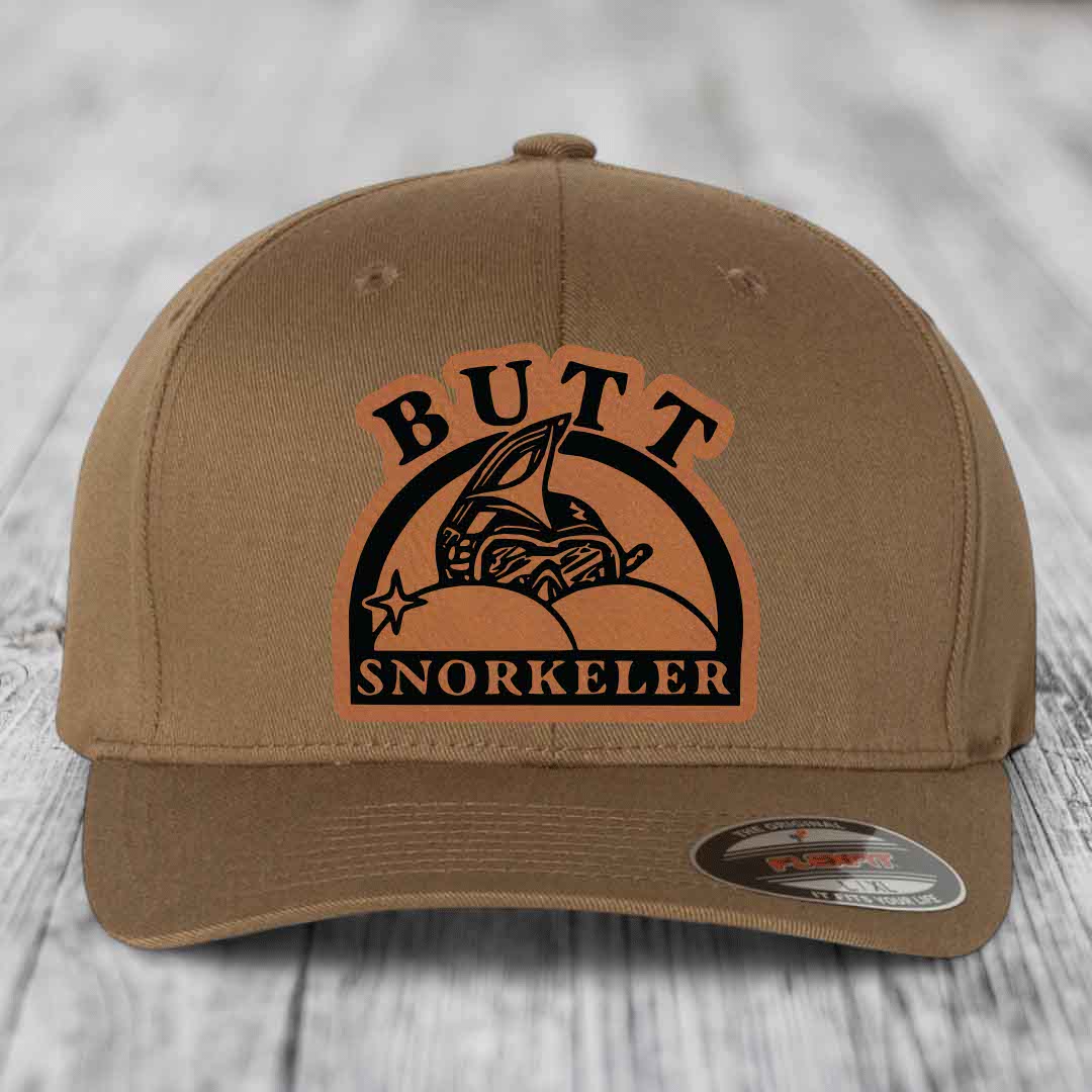 Butt Snorkeler - Leather Patch Hat - Rawhide to Black Patch - Flexfit 6277 Fitted Hat
