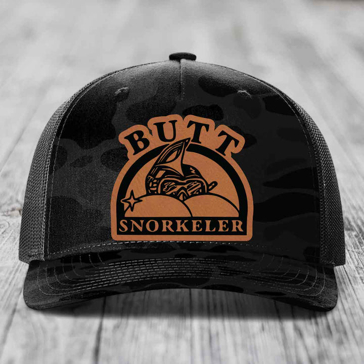Butt Snorkeler - Leather Patch Hat - Rawhide to Black Patch - Richardson 112PFP Snapback Trucker Hat