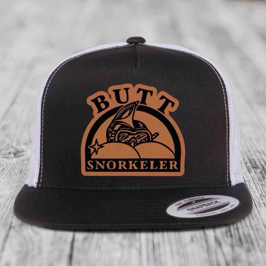 Butt Snorkeler - Leather Patch Hat - Rawhide to Black Patch - Yupoong 6006 Snapback Flatbill Hat