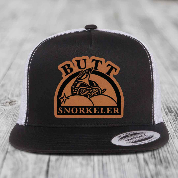 Butt Snorkeler - Leather Patch Hat - Rawhide to Black Patch - Yupoong 6006 Snapback Flatbill Hat