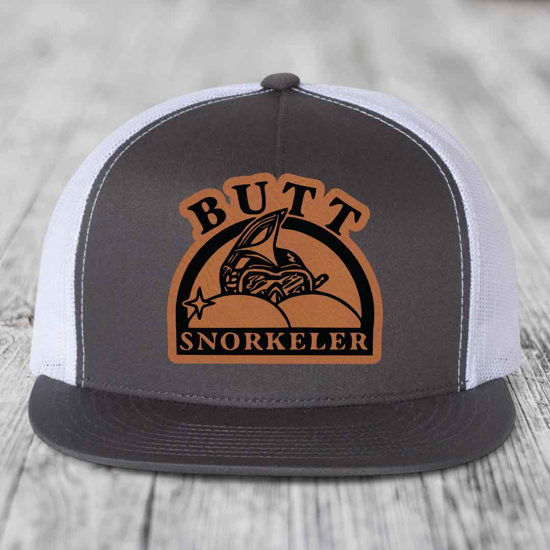 Butt Snorkeler - Leather Patch Hat - Rawhide to Black Patch - Yupoong 6006 Snapback Flatbill Hat