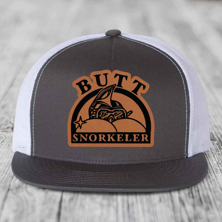 Butt Snorkeler - Leather Patch Hat - Rawhide to Black Patch - Yupoong 6006 Snapback Flatbill Hat