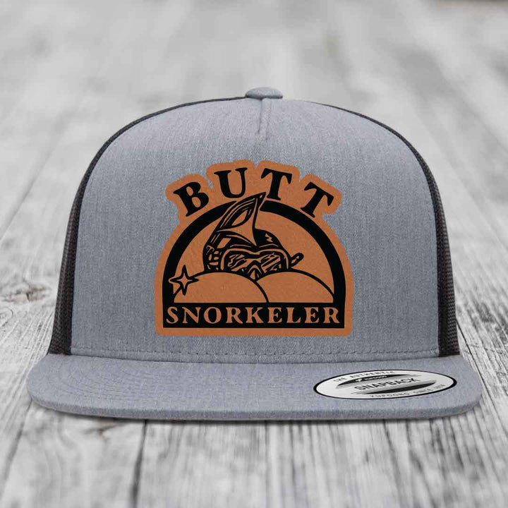 Butt Snorkeler - Leather Patch Hat - Rawhide to Black Patch - Yupoong 6006 Snapback Flatbill Hat