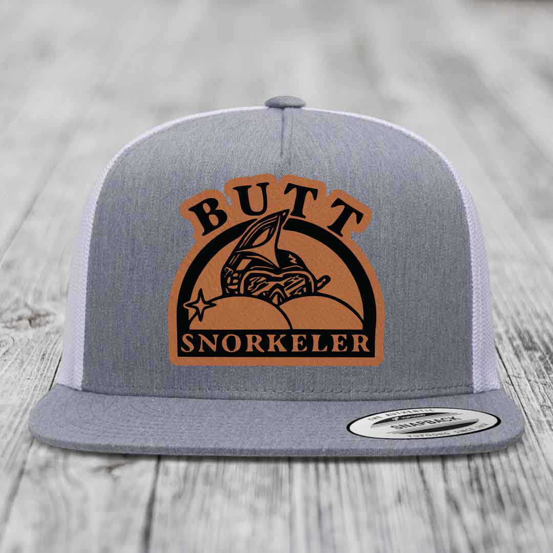 Butt Snorkeler - Leather Patch Hat - Rawhide to Black Patch - Yupoong 6006 Snapback Flatbill Hat