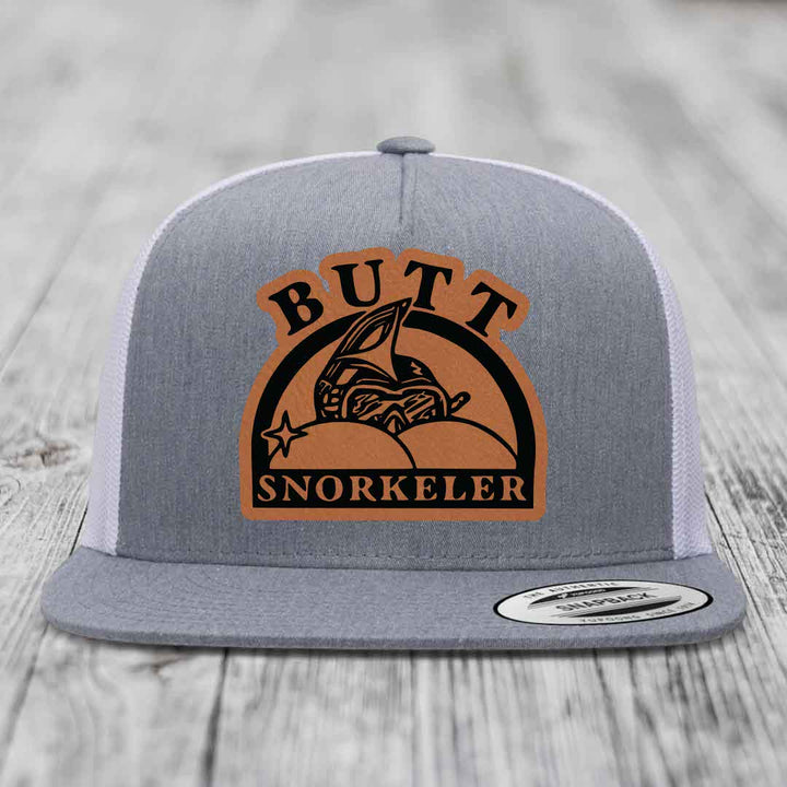 Butt Snorkeler - Leather Patch Hat - Rawhide to Black Patch - Yupoong 6006 Snapback Flatbill Hat