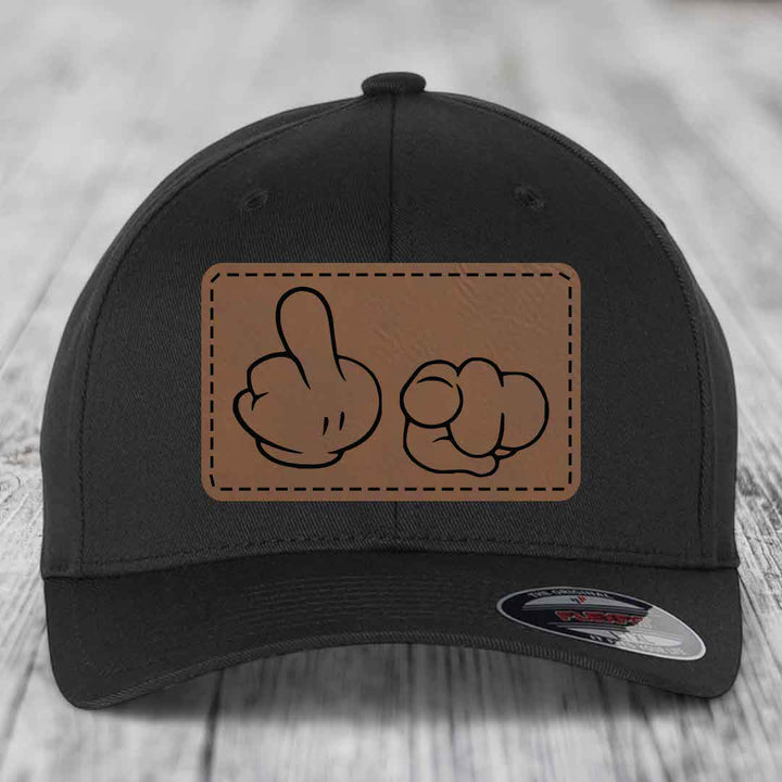 Cartoon Hands F*ck You - Leather Patch Hat - Dark Brown to Black Patch - Flexfit 6277 Fitted Hat