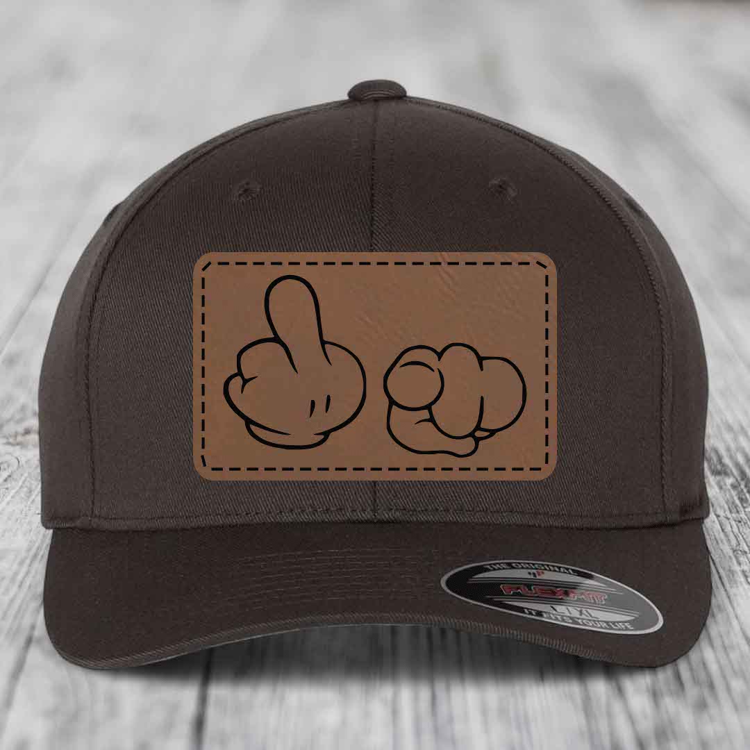 Cartoon Hands F*ck You - Leather Patch Hat - Dark Brown to Black Patch - Flexfit 6277 Fitted Hat