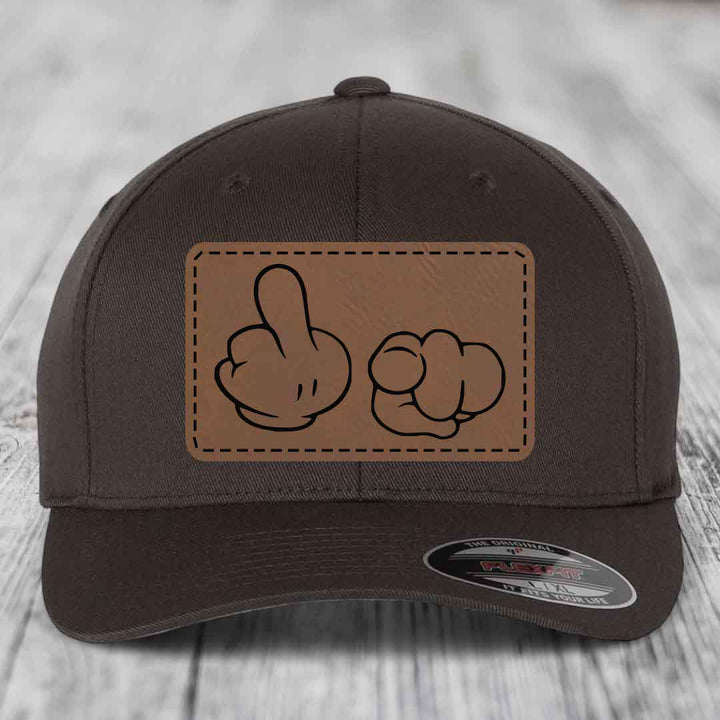Cartoon Hands F*ck You - Leather Patch Hat - Dark Brown to Black Patch - Flexfit 6277 Fitted Hat