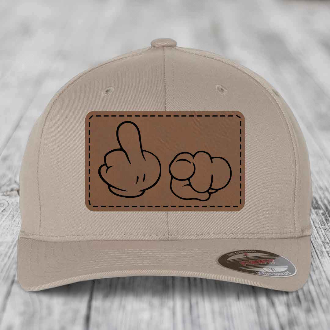 Cartoon Hands F*ck You - Leather Patch Hat - Dark Brown to Black Patch - Flexfit 6277 Fitted Hat
