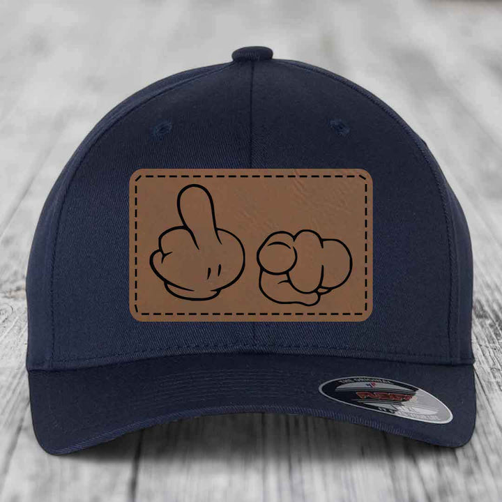 Cartoon Hands F*ck You - Leather Patch Hat - Dark Brown to Black Patch - Flexfit 6277 Fitted Hat